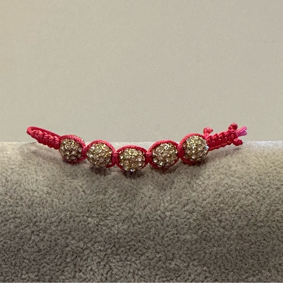 NWT J. Crew Bracelet - Pink string adjustable w/ clear rhinestone & gold beads - Picture 3 of 15